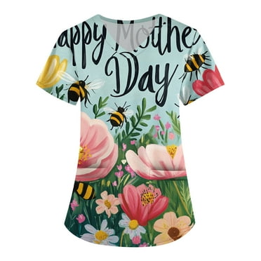 Mother's Day Scrub Tops for Women Plus Size Short Sleeve Working Uniform Soft Stretchy Holiday T Shirts