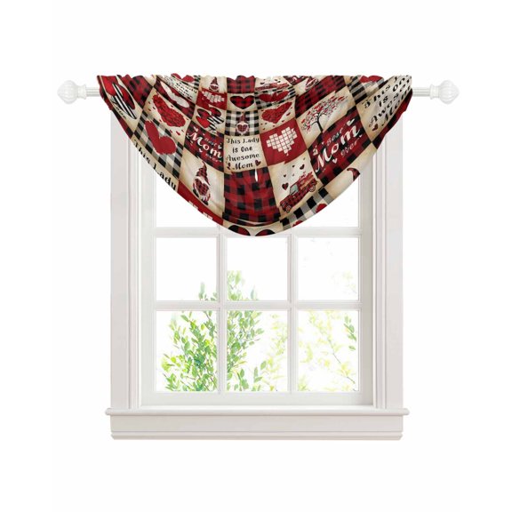 Mother's Day Sheer Waterfall Valance Curtains for Window, Lovw Heart Gnomes Red Black Buffalo Plaid Rod Pocket Sheer Topper Swag Curtains for Living Room, Kitchen 38.5"W x 47.2"L, 1 Panel