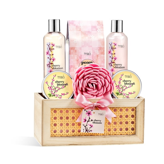 Mothers Day Spa Gift Basket for Women, Cherry Blossom Bath & Body Gift Set, Luxury Self Care Gift for Mom with Shower Gel, Bubble Bath, Lotion & Bath Salts