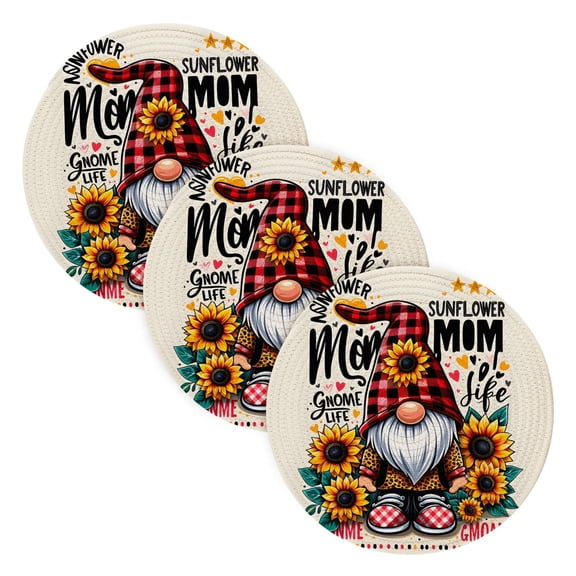 Mother's Day Sunflowers Gnome Trivet Mats Woven Pot Holders 3Pcs Non-Slip Heat Resistant for Hot Pots Pans Pats