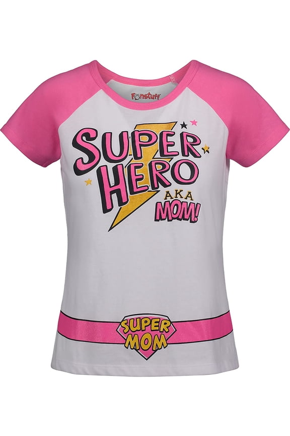 Mother's Day Super Hero Mom Womens' Raglan T-Shirt & Cape, White & Pink (Small)
