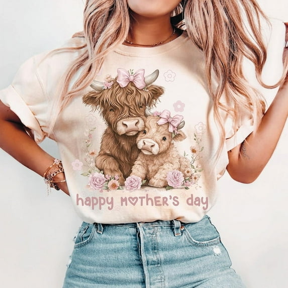 Mother’s Day T-Shirt, Floral Mom Highland Cow Tee, Cute Spring Graphic Shirt, Gift for Mom T-Shirt
