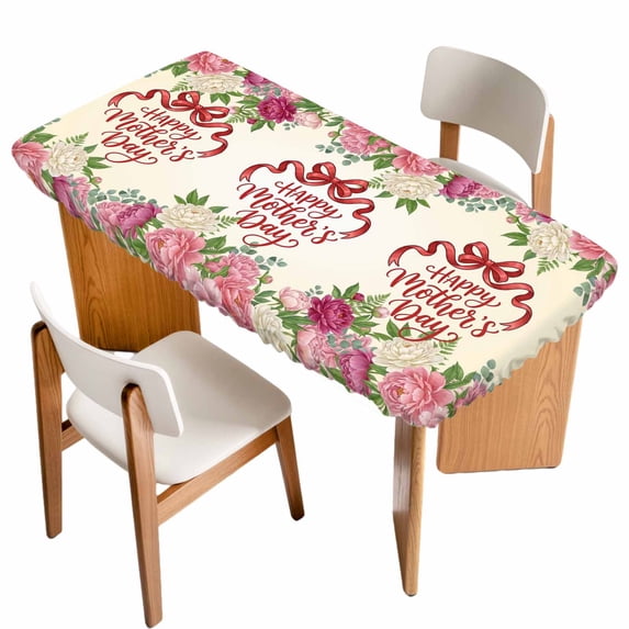 Mother's Day Table Cloths for 5 Foot Rectangle Tables, Pink Flowers Spring Floral Farmhouse Botanical Patio Waterproof Elastic Fitted Tablecloths, Washable Rectangular Table Cover for Camping