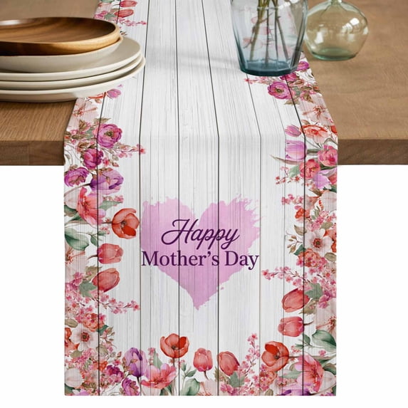 Mother's Day Table Runner 90 Inches, Spring Floral Purple Love Heart Wood Grain Bed Runner Dresser Scarves Tabletop for Indoor Outdoor Parties/Ceremony/Banquet, 13" x 90"