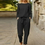 Mother's Day Tawop 2Pc Fashion Woman Solid Long Sleeve Blouse +Loose Pants Sets Pajama Pants June Festival