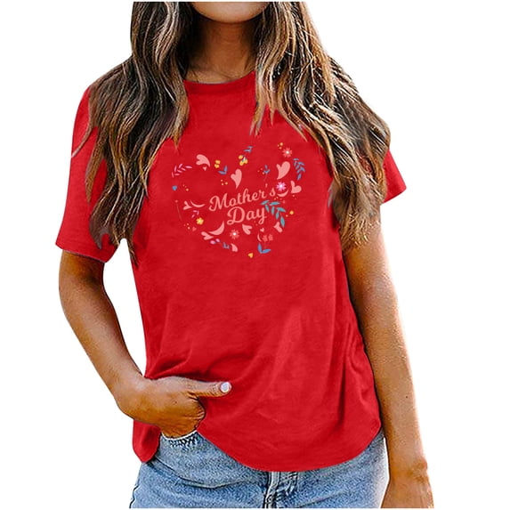 Mother's Day Tees Women's Graphic Short Sleeve Shirts Letter Print Cute Crew Neck Casual Summer Loose Tops (L, Red)