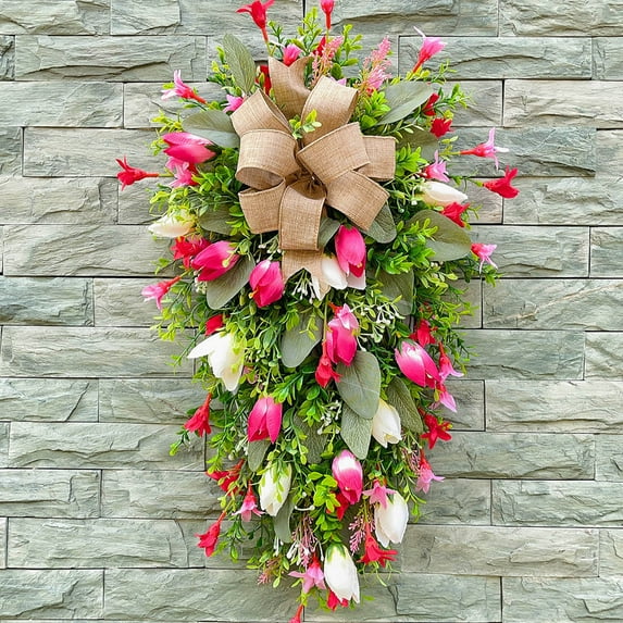 Mother's Day Tulip Simulation Flower Wreath - Door Hanging Decor for Home, Artificial Floral Wreath Perfect Gift for Mom, Spring Summer Home Decoration, 15.75*23.62in, Multicolor