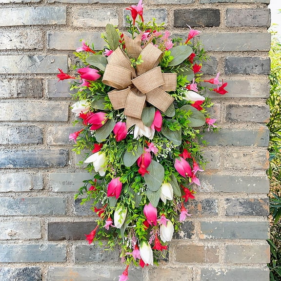 Mother's Day Tulip Wreath - UV-Protected Colorful Artificial Flower Door Hanging Decor, Hand-Arranged Realistic Blooms with Shape-Retention, Reusable Festive Decor for Porch & Garden, 23.62*15.75in