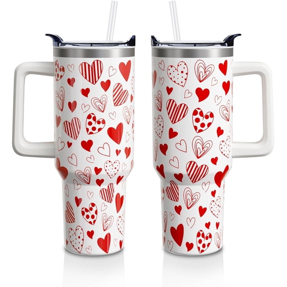 Mother''s Day Tumbler Gifts for Women, Red Hearts Stainless Steel Insulated Travel Coffee Cup, 40 Oz Tumblers with Handle and Straw, Anniversary Wedding Water Bottle (1 PC)