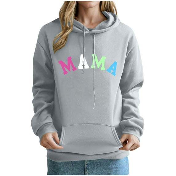 Mother's Day Women Hooded with Pockets Fleece Lined Sweatshirts Drawstring Pullover Tops Casual
