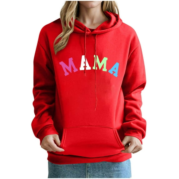 Mother's Day Women Hooded with Pockets Fleece Lined Sweatshirts Drawstring Pullover Tops Casual