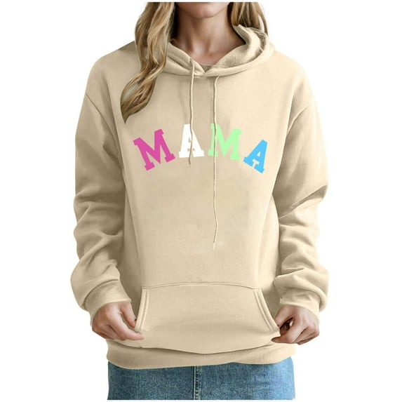 Mother's Day Women Hooded with Pockets Fleece Lined Sweatshirts Drawstring Pullover Tops Casual