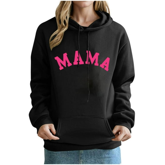 Mother's Day Women Hooded with Pockets Fleece Lined Sweatshirts Drawstring Pullover Tops Casual