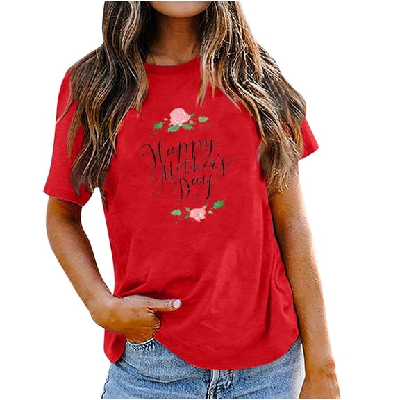 Mother's Day Women's Graphic Tee Summer Crew Neck Floral Short Sleeve Shirts Casual Loose Fit Basic Tunic Tops (L, Red)