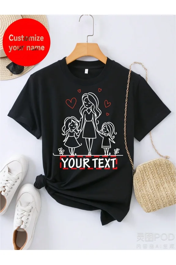 Mother's Day Women's T-Shirt Name Customization Love And Little Cartoon Pattern Printing Sweet Fashionable Versatile Soft And Comfortable Basic Round Neck Short Sleeve Women's T