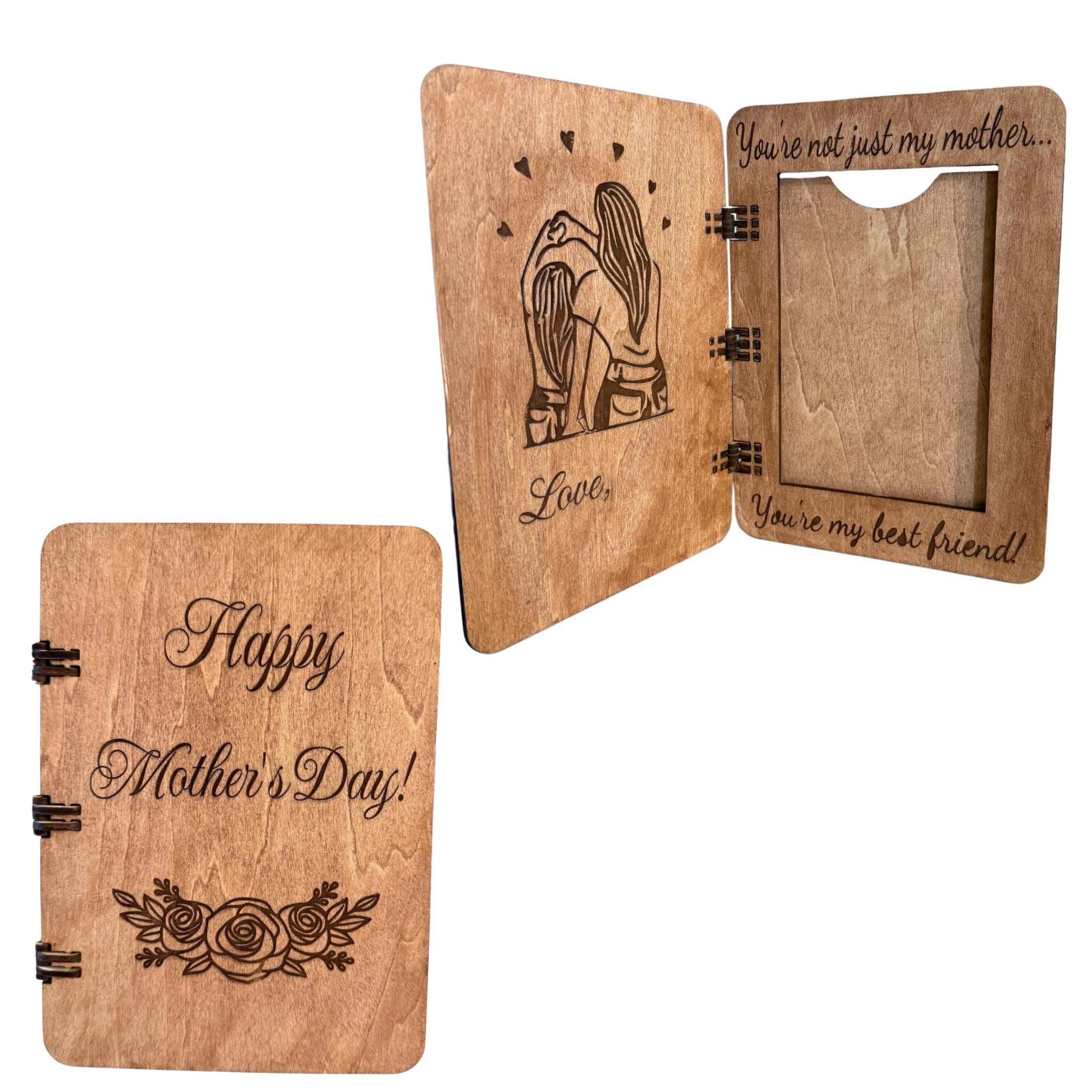 Mother’s Day Wooden Greeting Card Picture Frame – Hinged Wood Photo Card Holds 4x6 Photo – Keepsake Gift for Mom Best Friend Theme
