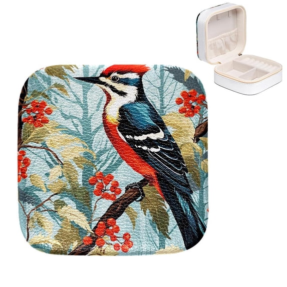 Mother's Day Woodpecker Portable Jewelry Box Organizer with Customizable Grid, Compact Travel Size
