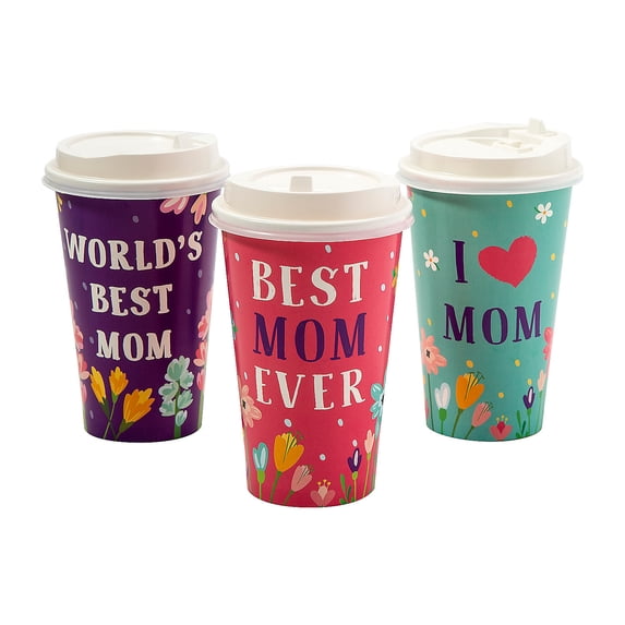 Mother’s Day World's Best Mom Paper Coffee Cups with Lids – 12 Pieces