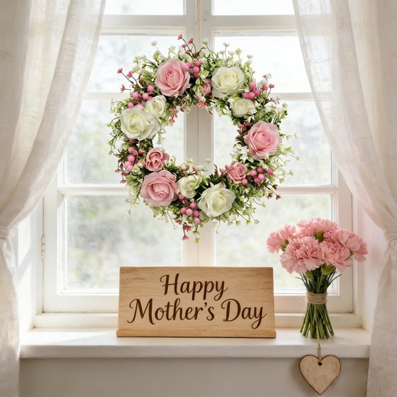 Mother's Day Wreath, Artificial Green Leaf Floral Mother's Day Wreath for Front Door, Indoor Outdoor Party Hanging Decor, Ornament for Home Garden Wall and Window