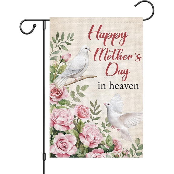 Mother's Day in Heaven Garden Flag Rose Flower White Dove 12x18 Inch Double Sided Burlap Floral Spring Outdoor Yard Home Decoration