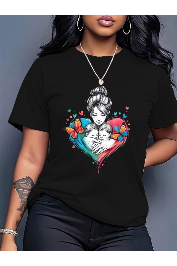 Mother's Love Heart Embrace Butterflies Graphic T-Shirt, Nurturing Bond Short Sleeve Crewneck Top, Gentle Care Themed Apparel