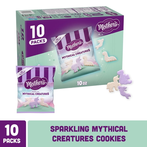 Mother's Sparkling Mythical Creatures Cookies, Frosted Animal Cookies with Silver Sugar Sprinkles, 10 packs, 1 oz bags