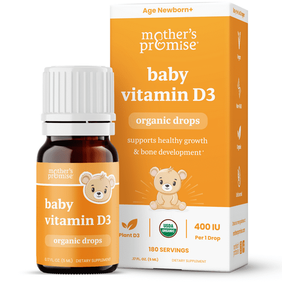 Mother's Promise Organic Baby Vitamin D Drops for Infants | 100% Plant-Based, 180 Servings 400 IU Baby Vitamin D3 Liquid Supplement for Newborns, Toddlers, Kids | Healthy Growth, Bones & Immune Health