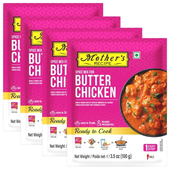 Mothers Recipe - Butter Chicken Spice Mix, Ready-to-Cook Indian Curry Masala 100g (Pack of 4) Mild & Creamy Tomato Gravy, No Added Preservatives.