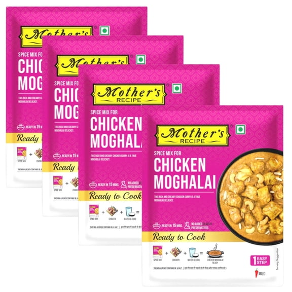Mothers Recipe - Chicken Moghalai Spice Mix, Ready-to-Cook Indian Curry Masala 80g (Pack of 4) Mild & Creamy Tomato Gravy, No Added Preservatives.