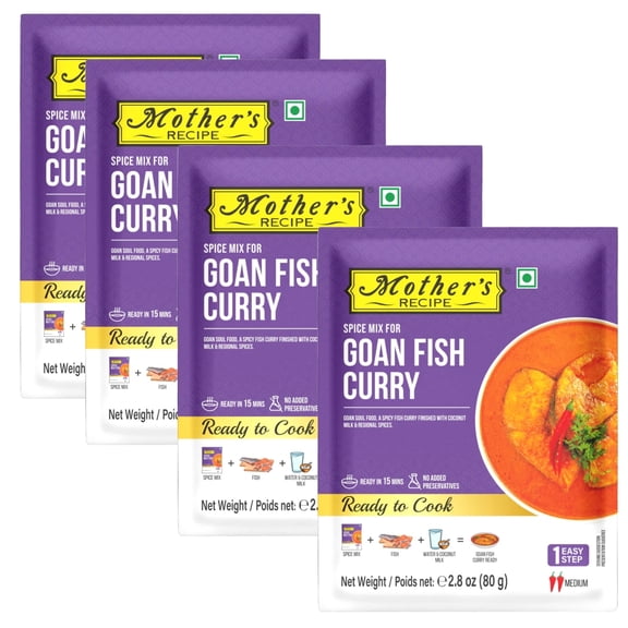 Mothers Recipe - Goan Fish Curry Spice Mix, Ready-to-Cook Indian Curry Masala 80g (Pack of 4) Medium Hot & Creamy Tomato Gravy, No Added Preservatives.
