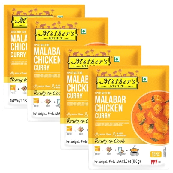 Mothers Recipe - Malabar Chicken Curry Spice Mix, Ready-to-Cook Indian Curry Masa 100g (Pack of 4) Spicy & Creamy Tomato Gravy, No Added Preservatives.