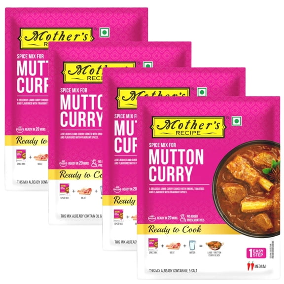 Mothers Recipe - Mutton Curry Spice Mix, Ready-to-Cook Indian Curry Masala 100g (Pack of 4) Medium Hot & Creamy Tomato Gravy, No Added Preservatives.