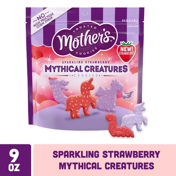 Mother's Sparkling Strawberry Mythical Creatures, Shortbread Cookies with Strawberry Frosting and Sprinkles, Resealable Bag, 9 oz