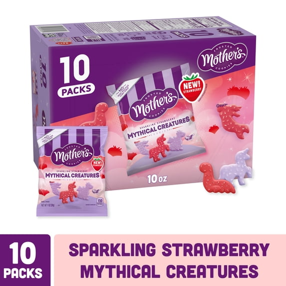 Mother's Sparkling Strawberry Mythical Creatures, Shortbread Cookies with Strawberry Frosting and Sprinkles, 10 packs, 1 oz bags