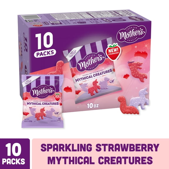 Mother's Sparkling Strawberry Mythical Creatures, Shortbread Cookies with Strawberry Frosting and Sprinkles, 10 packs, 1 oz bags
