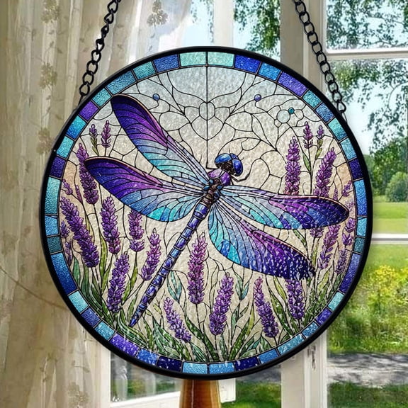 Mother's day gift 2025 - Dragonfly and lavender Glass window hanging, Dragonfly Suncatcher, Birth month flower Glass Art, gift for mom nana, Stained Glass Ornament 2025, Holiday
