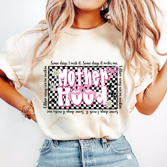 Motherhood Coquette Bow Checker Shirt, Retro Mom Shirt, Funny Sarcastic Mama Shirt, Sassy Mother’s Day Shirt, Retro Motherhood Tee