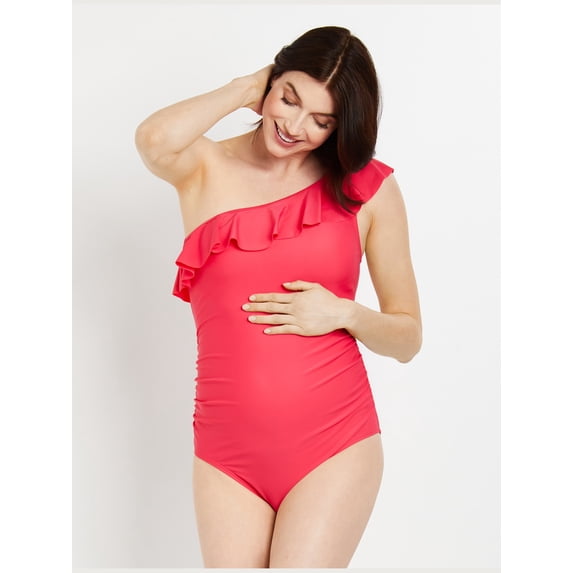 Motherhood Maternity Ruffle Front One Shoulder Maternity Swimsuit UPF 50+
