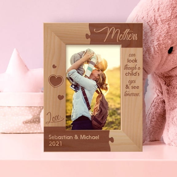 Mothers Can Look Through A Child's Eyes & See Tomorrow Personalized Wooden Frame 4" x 6" Brown (Vertical)