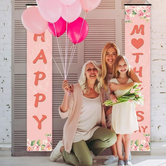 Mothers Day Banner 2 Pack Happy Mothers Day Decorations Door Sign Hanging Banners Flowers Tulip Love Welcome Porch Sign Seasonal Holiday Party Supplies for Indoor Outdoor Door, Porch Decor