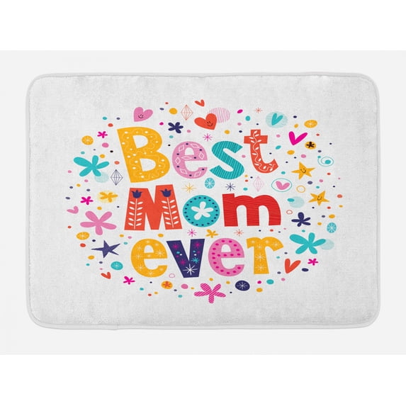 Mothers Day Bath Mat, Best Mom Ever Colorful Typography Words with Doodle Elements Hearts and Stars, Plush Bathroom Decor Mat with Non Slip Backing, 29.5" X 17.5", Multicolor, by Ambesonne