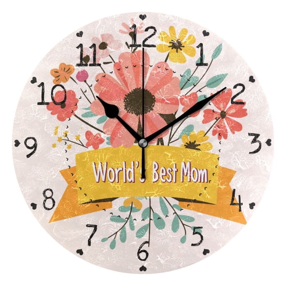 Mothers Day Best Mom Flowers Round Wall Clock Silent Analog Battery Operated Black Pointer Home Decor 9.84" Diameter