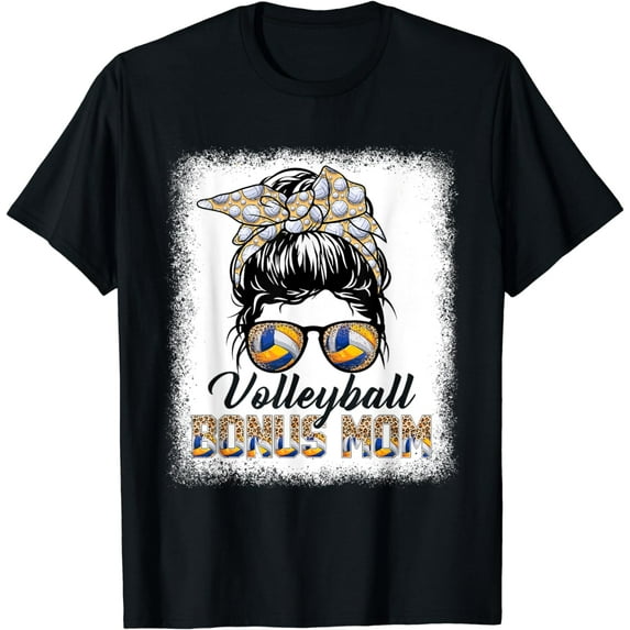 Mothers Day Bleached Volleyball Bonus Mom Messy Bun Game Day T-Shirt