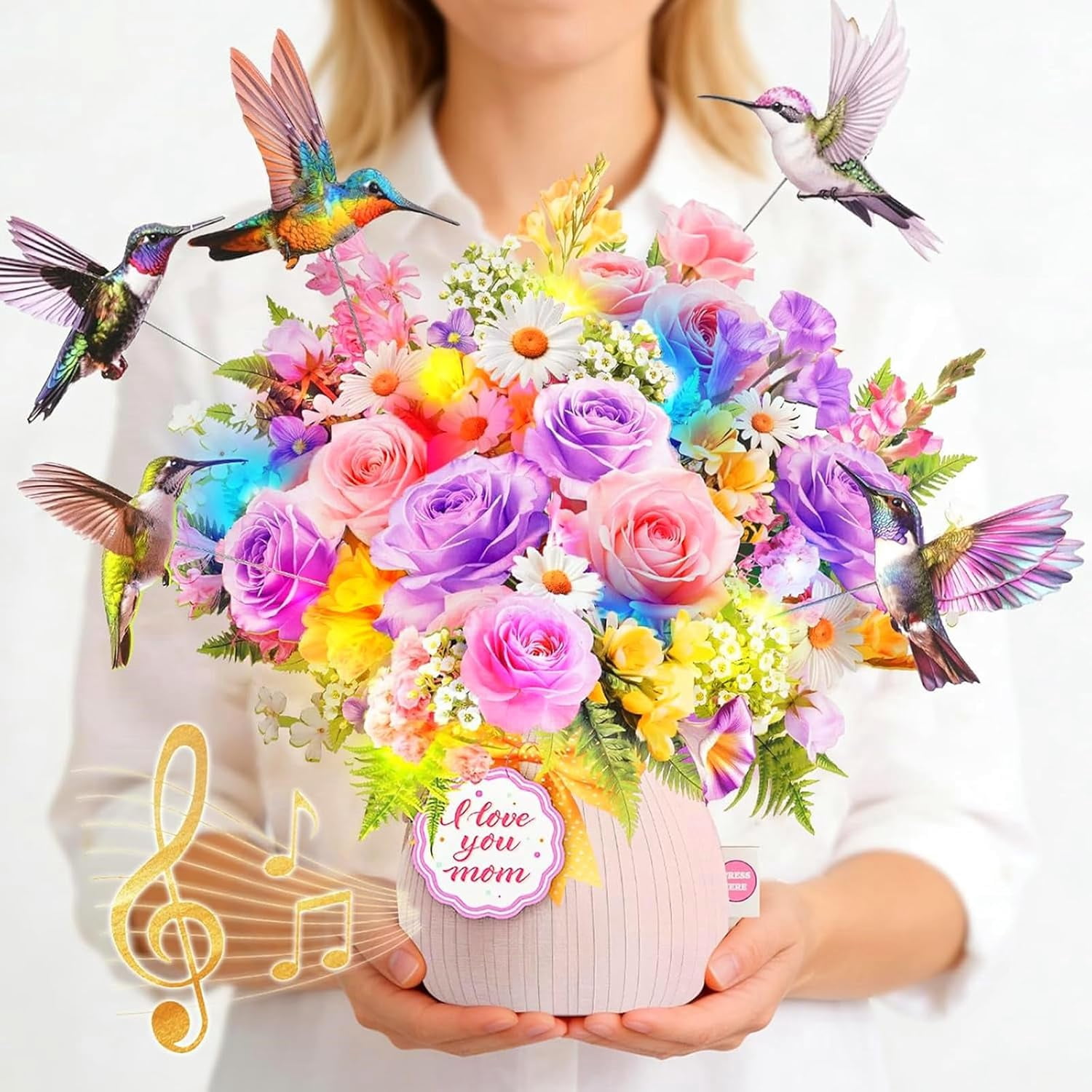 Mothers Day Card with Music & Lights, 3D Pop Up Mothers Day Gift, Hummingbird, 10 Inch Life Sized Forever Flower Bouquet Birthday Card For Mom, Women, Wife