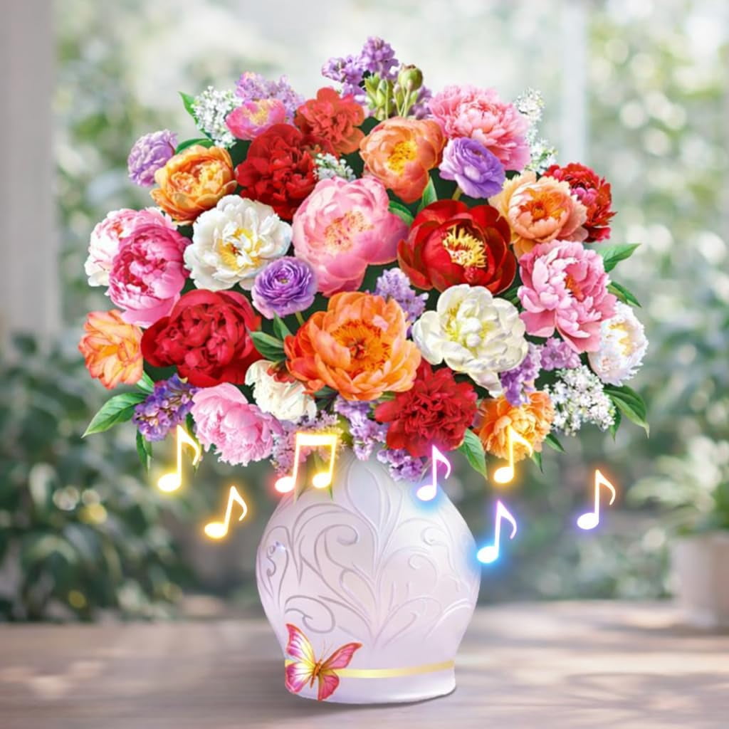 Mothers Day Card for Women, Flower Bouquet 3D Card, Mothers Day Gifts with Music and Light, Gifts for Mom, Women, Sister, Wife (Peony)