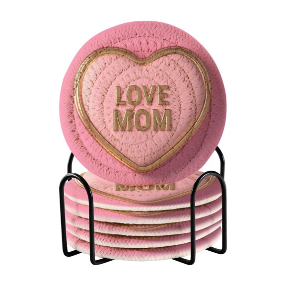 Mothers Day Cute Heart Texts Love Mom Drinking Coasters Cup Mat with Holder for Kitchen Cafe Bar 6 Packs