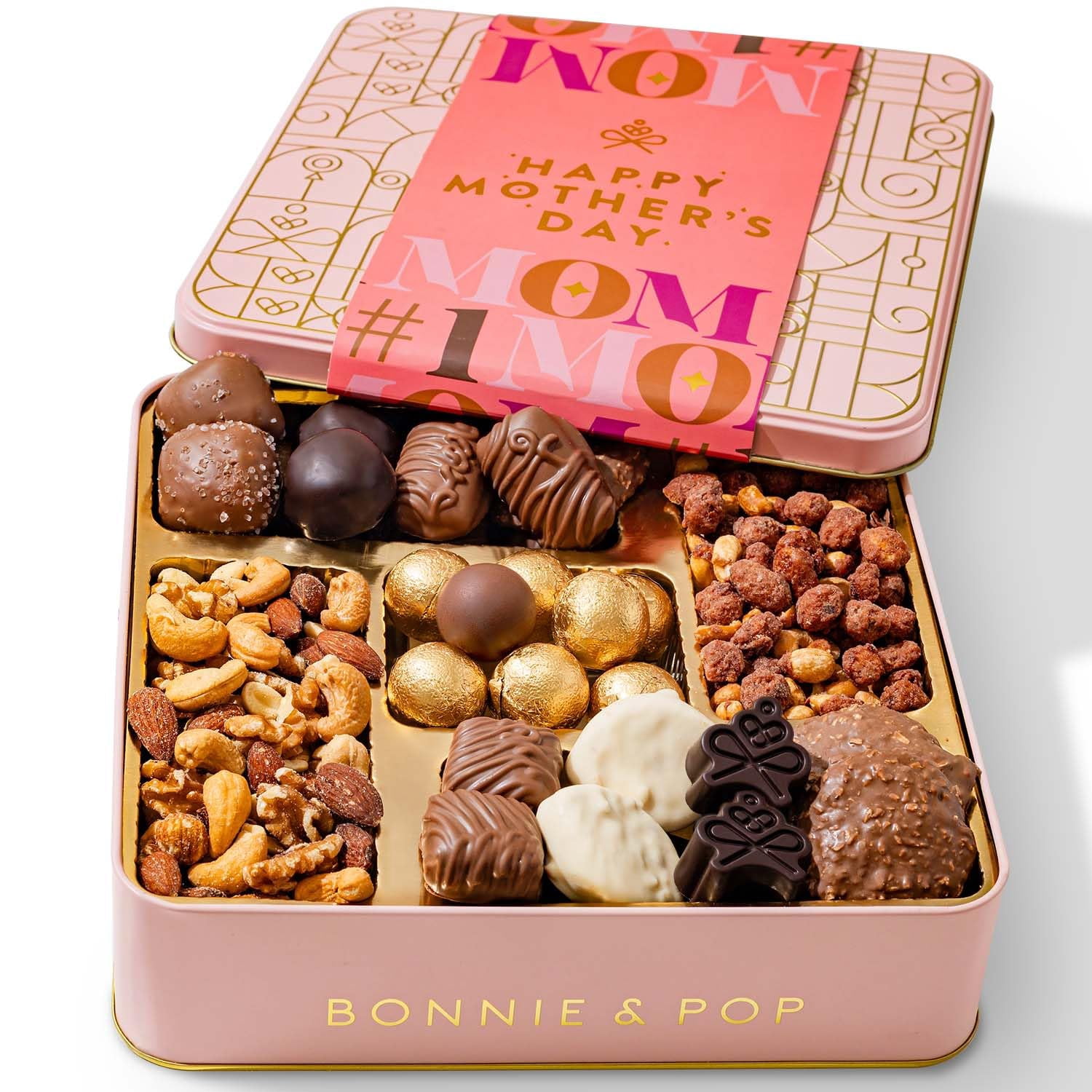 Mothers Day Day Gift Basket, Chocolate and Nut Snack Box for Men and Women, For Mom, Women, Her, Wife, Mother, Romantic, Bonnie and Pop