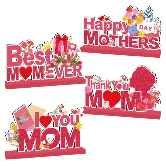 Mothers Day Decorations, 4-Piece Wooden Table Centerpieces Set with Heart & Flower Design, Thank You Mom Wood Sign for Dining Table, Shelf Decor, and Mother's Day Gift