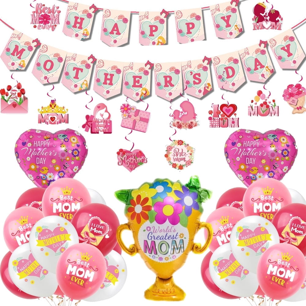 Mothers Day Decorations Happy Mother's Day Banner with Hanging Swirl Decoration Mom's Day Balloons Mothers Day Party Decorations Supplies