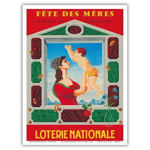 Mothers' Day - Drawn On Saturday May 25 - French National Lottery - Vintage Advertising Poster by F. Lesourt c.1963 - Master Art Print (Unframed) 9in x 12in